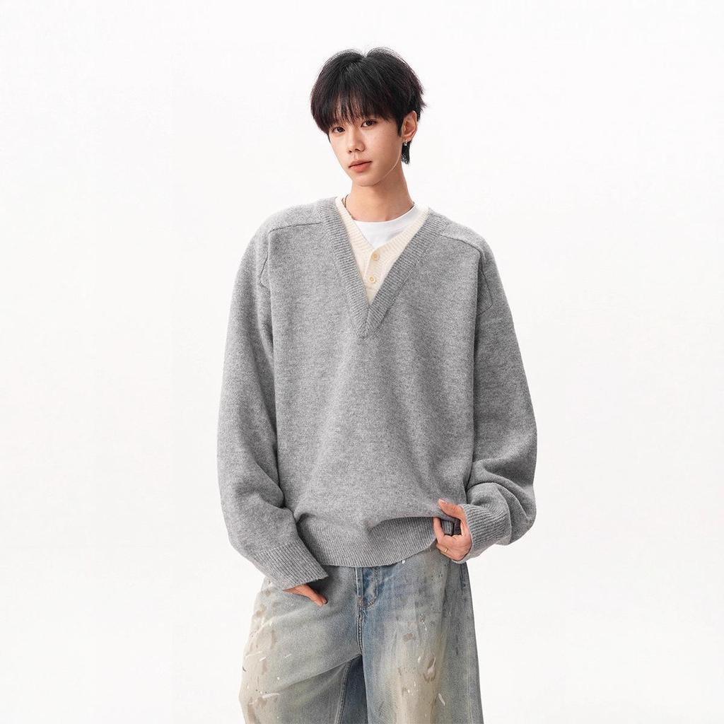 Retro V-Neck Knit Sweater for Men - Two-Piece Look, Arctic Fleece, High-Quality Long Sleeve Pullover