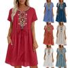 Robes Brodées pour Femmes Coton Lin Manches Courtes Florale Bohème Plissée Fluide