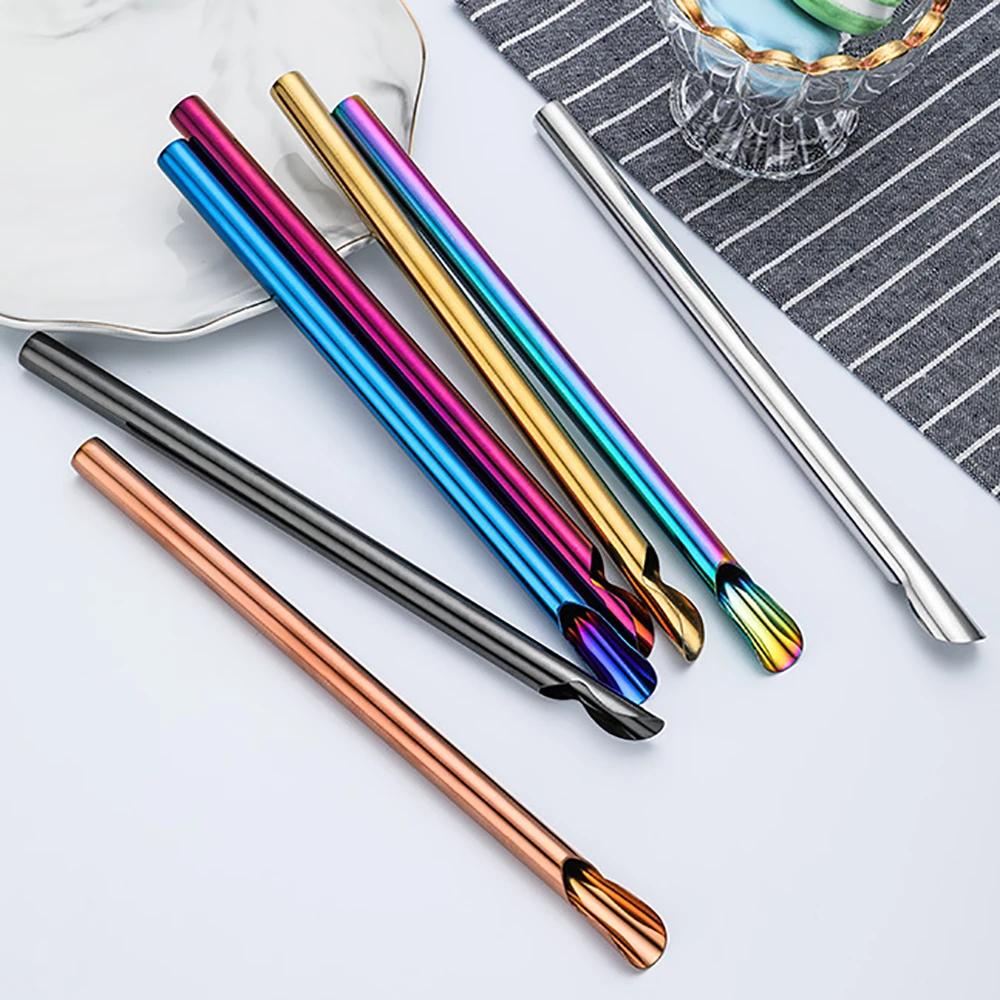 4Pcs Reusable Straw Spoon Stainless Steel Stirring Spoon Durability Drinking Straw with Brush Set Bar Creative Colorful Straw