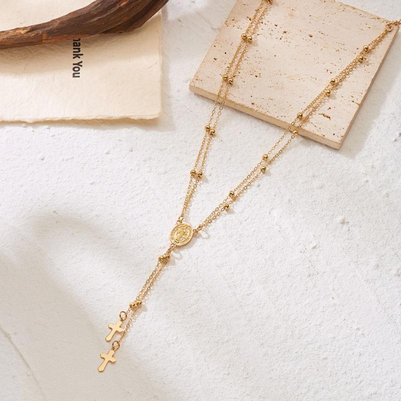 Heilige Mutter Kruzifix Anhänger An Y-förmiger Doppellagiger Kettenhalskette Legierung Schmuck Für Stilvolles Und Bedeutsames Tragen