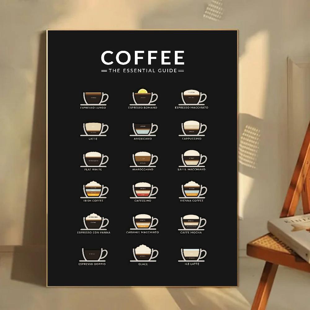 1pc Coffee Essential Guide Poster Self-adhesive Art Waterproof Paper Sticker Coffee House Bar Room Wall Decor