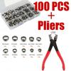 100pcs Single Ear Stepless Hose Clamps Assortment Rings Stainless Steel with Ear clamp plier for Auto/Home Appliance/Pipe