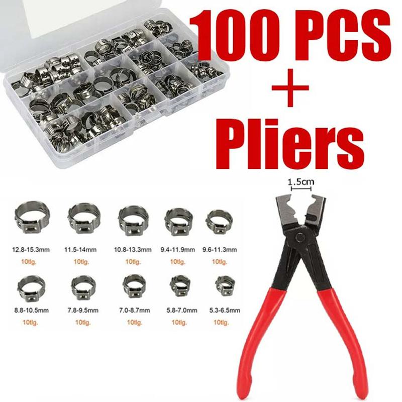 100pcs Single Ear Stepless Hose Clamps Assortment Rings Stainless Steel with Ear clamp plier for Auto/Home Appliance/Pipe