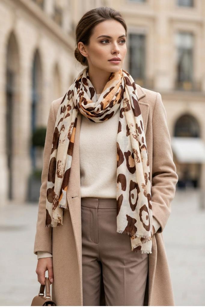 Beige Scarf with Chocolate and Caramel Spots Pattern - Cotton and Viscose, 180x90