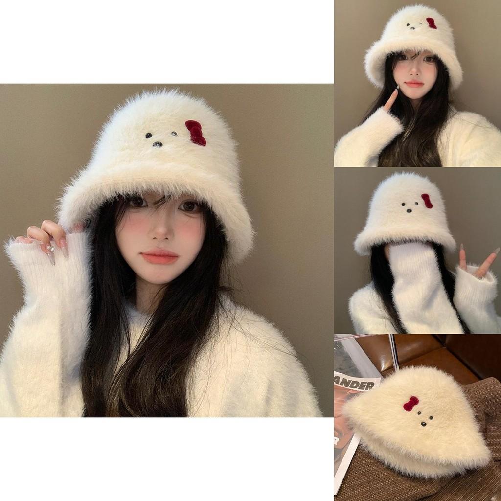 Cute Stylish White Plush Fisherman Hat With Bow For Women Perfect For Fall And Winter