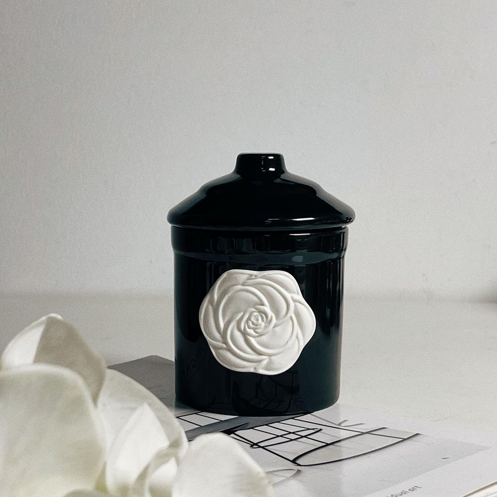 French Camellia Black Ceramic Mug Aromatherapy Cup Coffee Mugs Home Decoration Candle Wooden Holder Household Ornaments