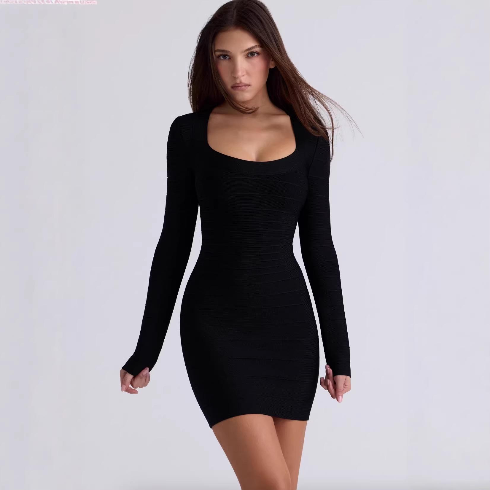 

European & American Fashion Long Sleeve Bandage Slimming Dress Extra Large чёрный