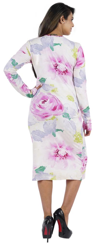 Bimba Printed Long Bodycon Dress With Pockets For Women Full Sleeves Dress Midi