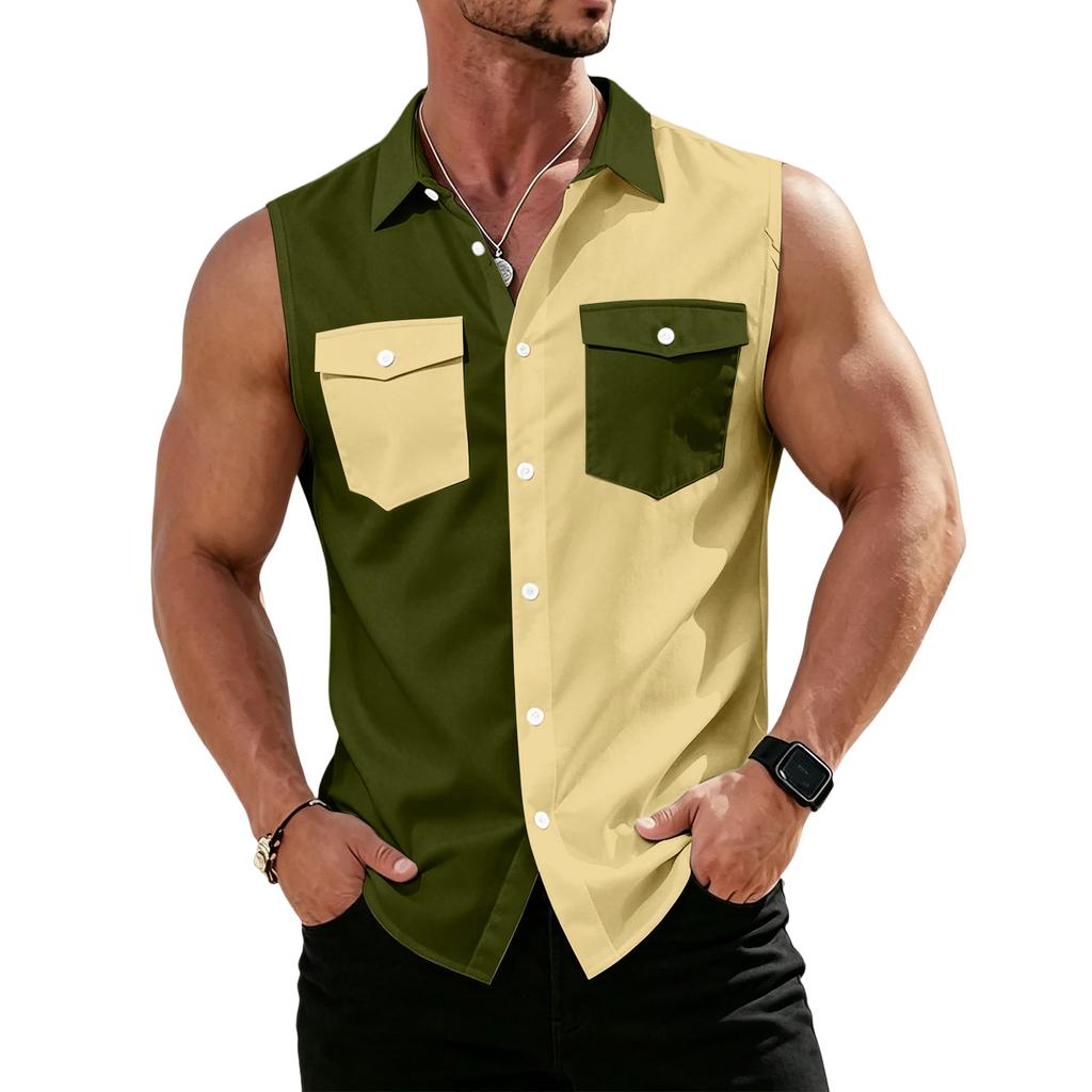 Men's Workwear Lapel Button-Down Vest Shirt - Lightweight Sleeveless Top