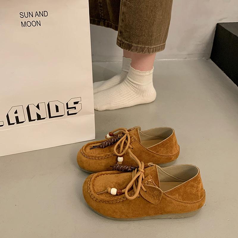 2025 autumn new flat-bottomed casual beanie shoes female kangaroo lace-up comfortable two wear suede loafers single shoes