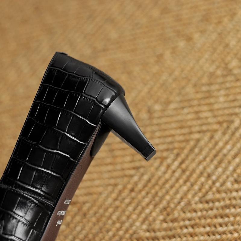 Fashion Women's New Four Seasons Genuine Leather Printed Cowhide Pointed High Heels Retro Belt Buckle Mary Jane Shoes Work Single Shoes