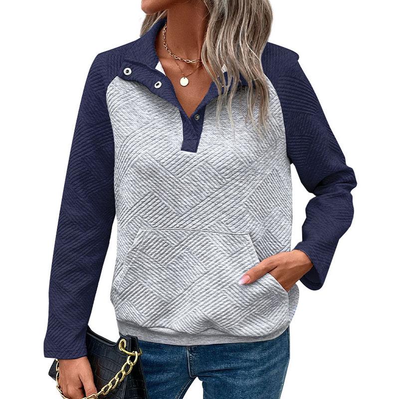 Women's Autumn/Winter 2026 Color Block Polo Collar Hoodie - Casual Simple Style Pullover