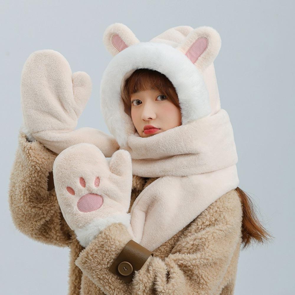 Windproof Integrated Cap Scarf Gloves Soft Plush Neck Warmer Winter Beanie Hat Scarf  for Women