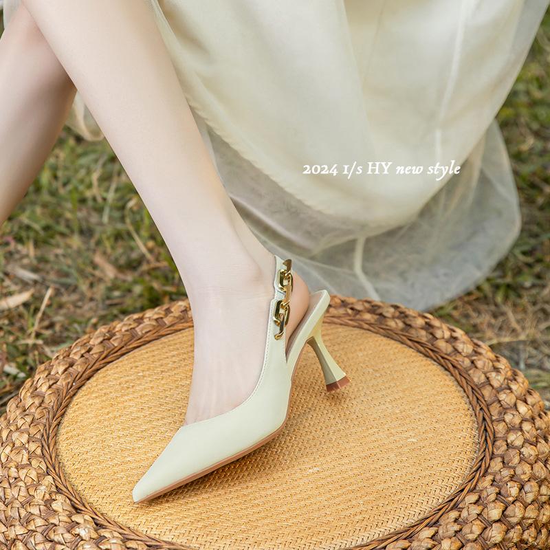 

Sheepskin pointed head thin heel high heel single shoes women s word with chain temperament bag head sandals spring and summer 39 светло-желтого