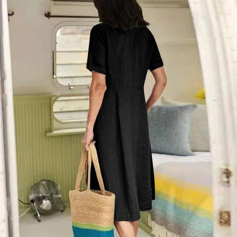 Fashion Loose Shirt Dress Solid Color High Waist Large Size Single-breasted A-line Summer Party Dress V Neck Elegant Casual Simple Slim Fit Clothing