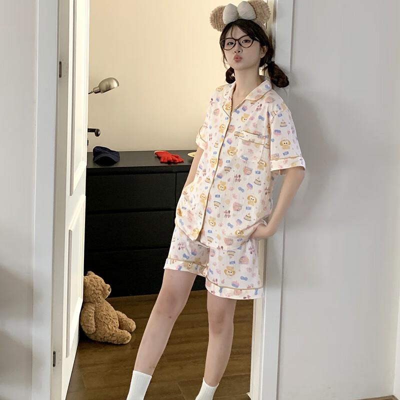 Yuzhaolin Women s Summer Cartoon Biscuit 3-Piece Pajama Set XL