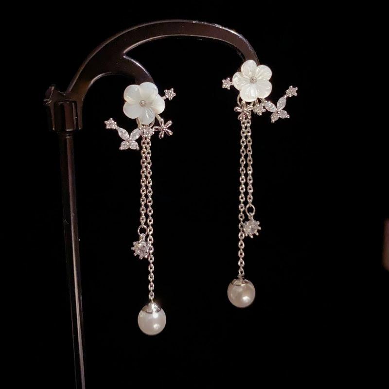 Luxury White Flower Rhinestone Butterfly Earrings for Women Tassel Pearl Zircon Drop Earrings Elegent Art Aesthetics Jewelry New