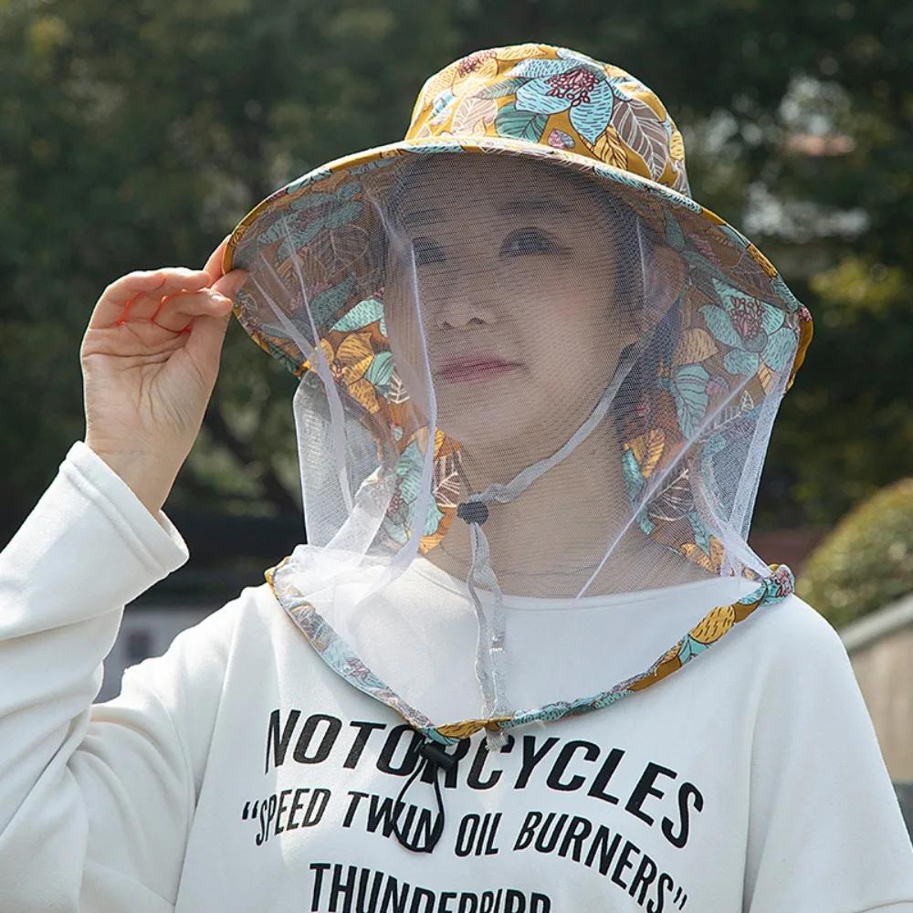 Printing Bee Mosquito Hat UV Protection Face Mask Mesh Tea Picking Hat Sun Protection Breathable Sunshade Shawl Cap Hiking
