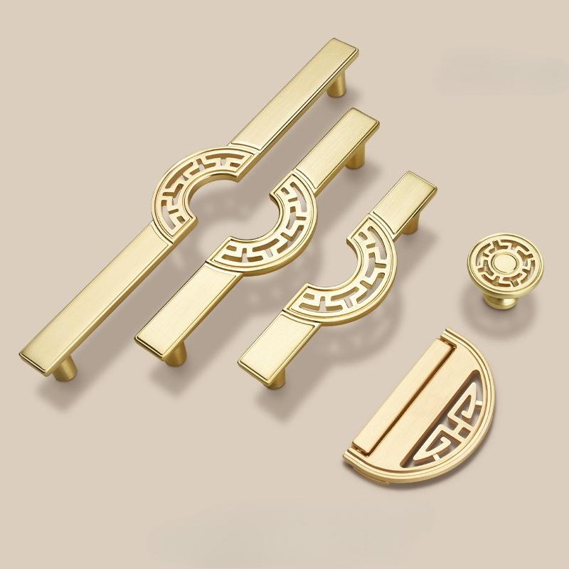 High End New Chinese Style Copper Brushed Color Cabinet Door Handle,Wardrobe Drawer Handle, Retro Hollowed Out Cabinet Handle