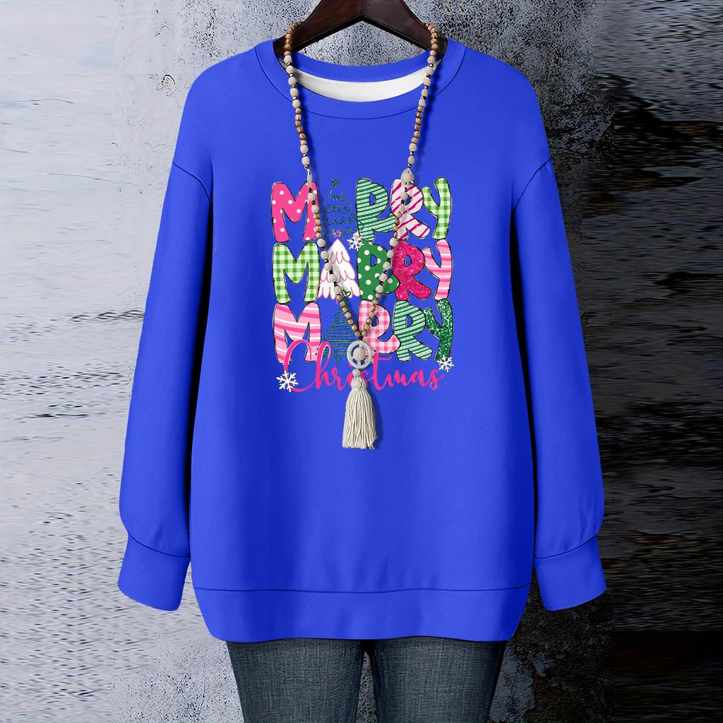 Damen Weihnachts-Print Rundhals Langarm T-Shirt Sweatshirt Oberteil