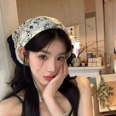 New Chinese Style Ink Wash Floral Lace Headscarf Sweet Headband Turban  For Girl Women