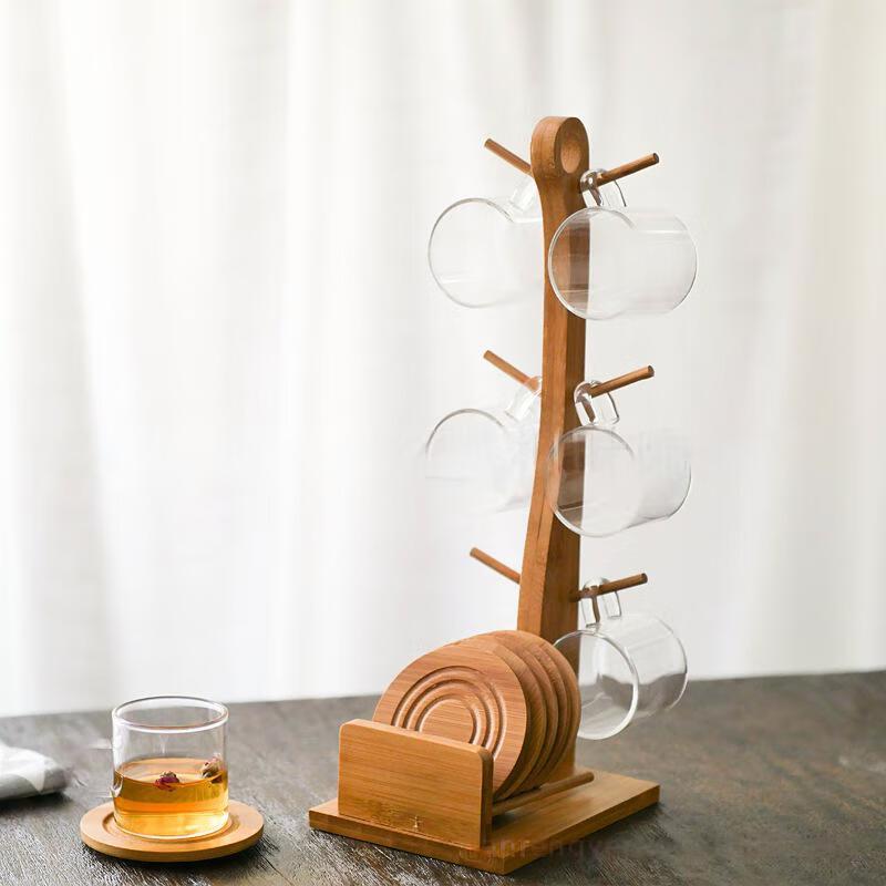 Qianxing Chinese Glass Tea & Coffee Set with Bamboo Saucers & Rack (Double Pack)