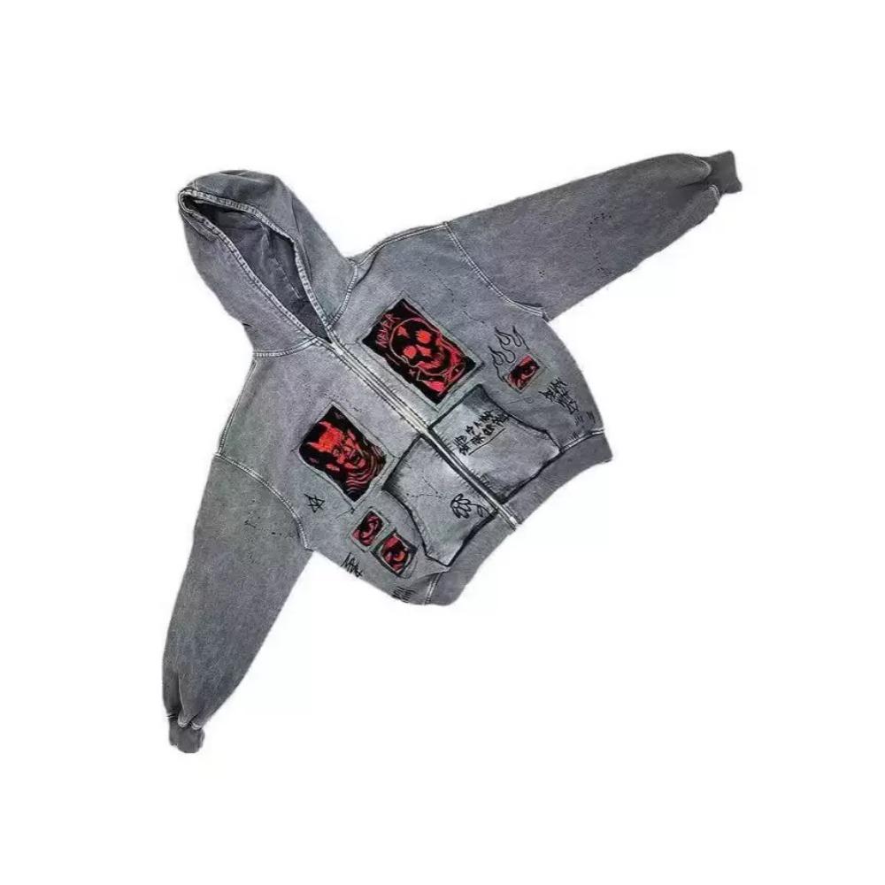 Americká Tištěná Imitace Prací Imitace Denim Zipová Mikina Mikina Bunda Svetr Stejný Styl Volný Velká Velikost