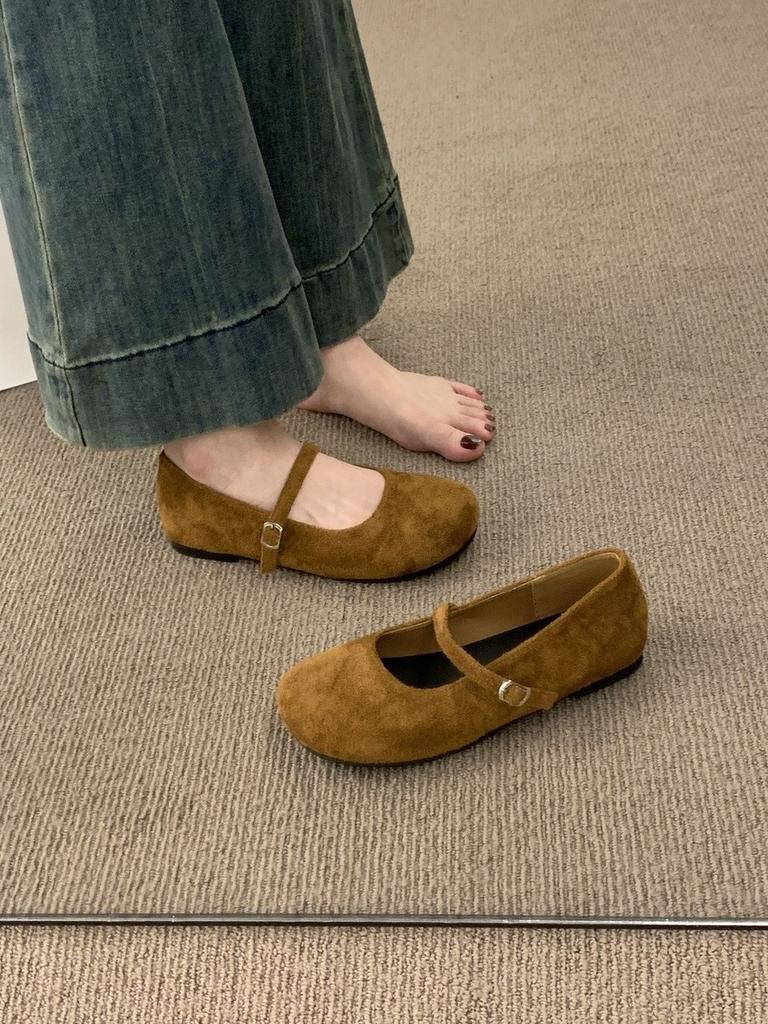 Retro evening breeze, flat suede round-toed Mary Jane shoes, versatile and not tiring feet, shallow lipstick ballet single shoe girl