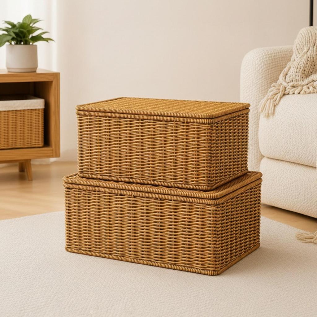 Rattan-Style Storage Basket with Fitted Lid Rustic for Living Room, Shelf