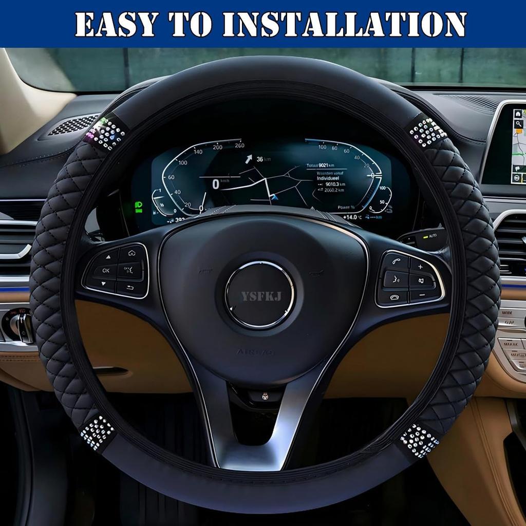 Soft Leather Car Steering Wheel Cover, Universal 15 Inch Colorful Rhinestones Anti-Slip Elastic Steering Wheel Covers For Most Cars, Sparkly Crystal