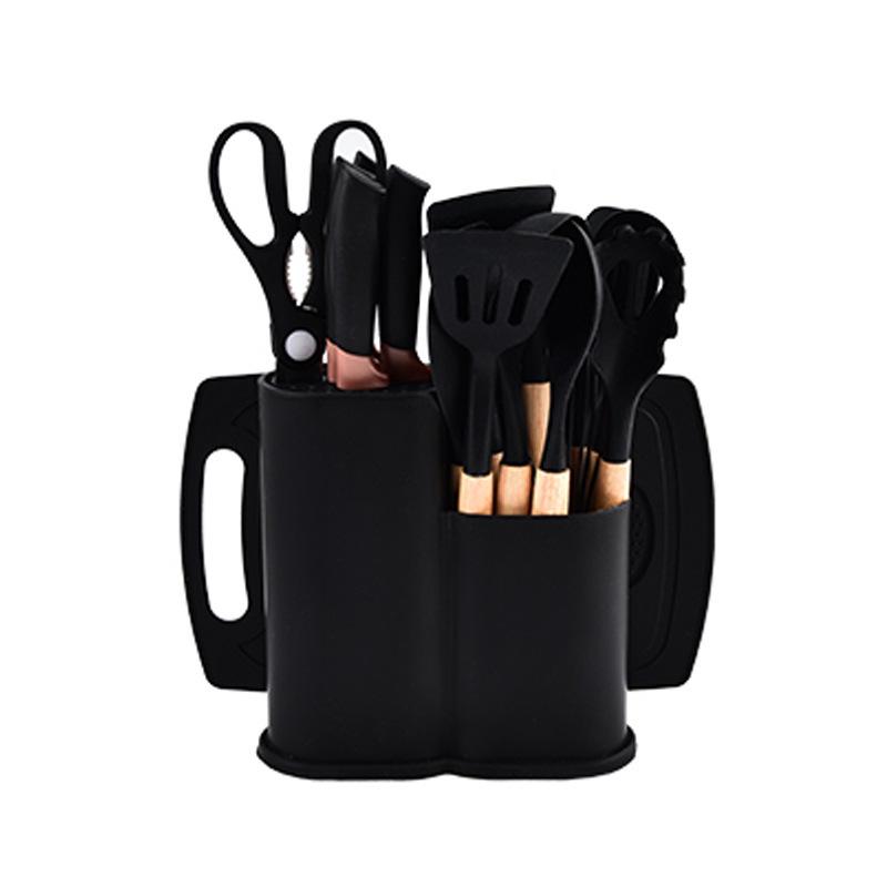 

19-Piece Silicone Kitchen Utensil Set: Cooking Spoons, Spatulas, Knives & Storage Bucket with Wooden Handles, Non-stick.