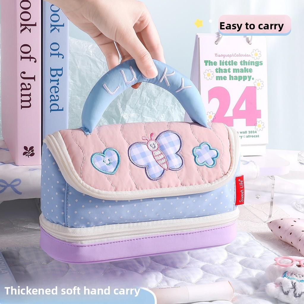 Große mehrschichtige Federtasche im Hausdesign mit Schreibwarenset für Schüler