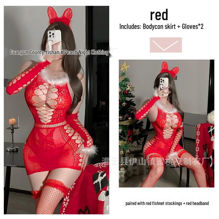 Sexy Red Mesh Cutout Dress Lingerie for Romantic Holidays