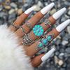 European and American Popular Accessories Retro Ethnic Style Turquoise Elephant Geometric Graphic 7-piece Silver Ring Set