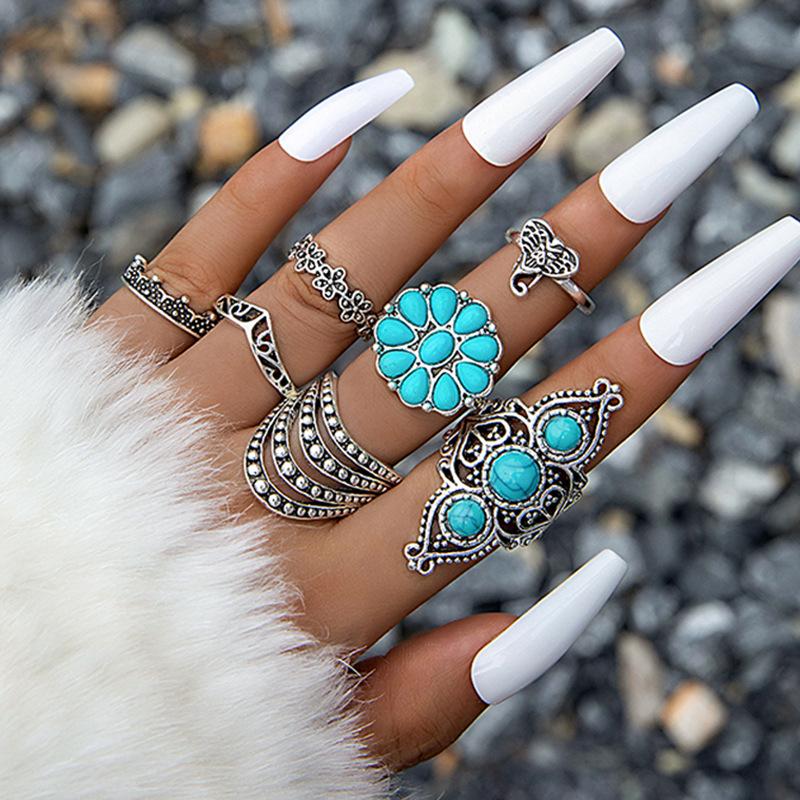 European and American Popular Accessories Retro Ethnic Style Turquoise Elephant Geometric Graphic 7-piece Silver Ring Set