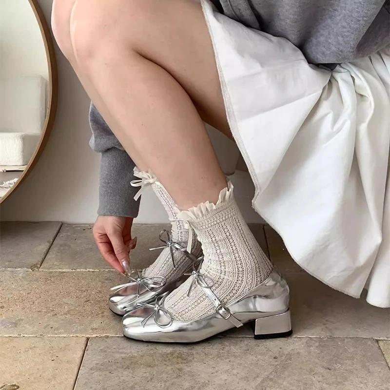 

Fashion 2025 Spring Autumn Women Mary Jane Shoes Fashion Butterfly-knot Shoes Casual Low Heel Dress Street Style Shoes 40 серебряный