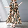 Summer new simple bohemian long dress fattened and enlarged short-sleeved crew neck printed dress women's clothing