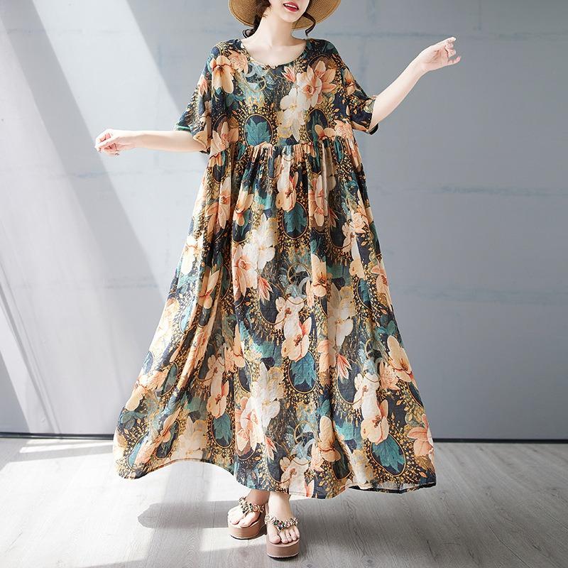 Sommer neues einfaches böhmisches langes Kleid gefettetes und vergrößertes kurzärmeliges Rundhals-Druckkleid Damenbekleidung