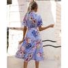 Women's Button Front Floral Short Sleeve Dress Waist Belt A-Line Casual Summer Midi