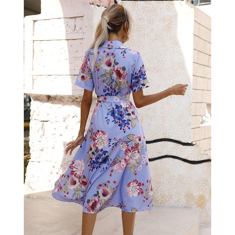 Women's Button Front Floral Short Sleeve Dress Waist Belt A-Line Casual Summer Midi