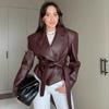 Women's Fall/Winter Solid-Color Stylish Biker Jacket with Straps Cool and Edgy PU Leather Jacket
