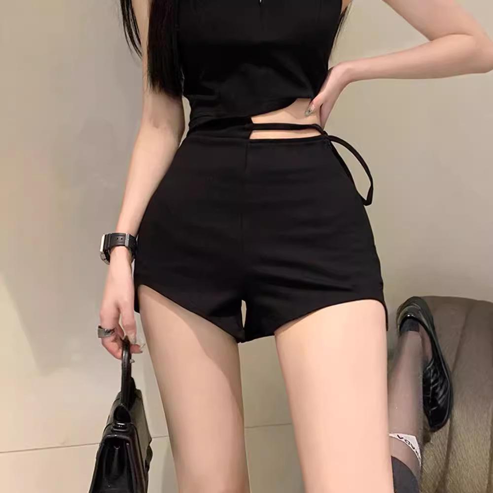 Summer 2024 Women's Black High-Waisted Irregular Petite Hot Shorts - Slimming & Sexy
