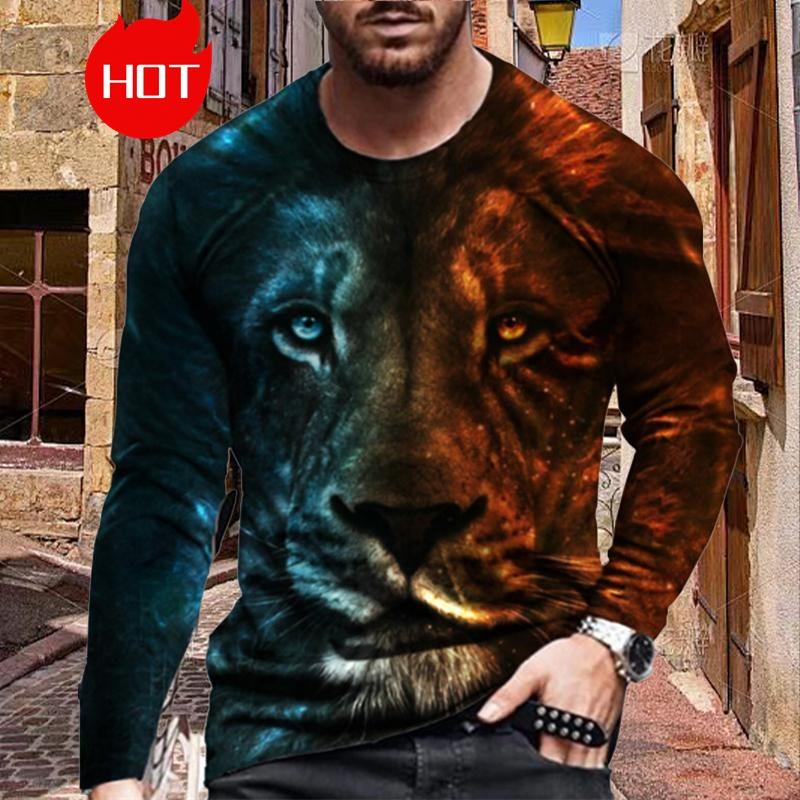 Men's Long Sleeve T-Shirt Fashionable Print Lion Graphic Street Style Casual Crew Neck Top For Autumn Spring Season Clothing
