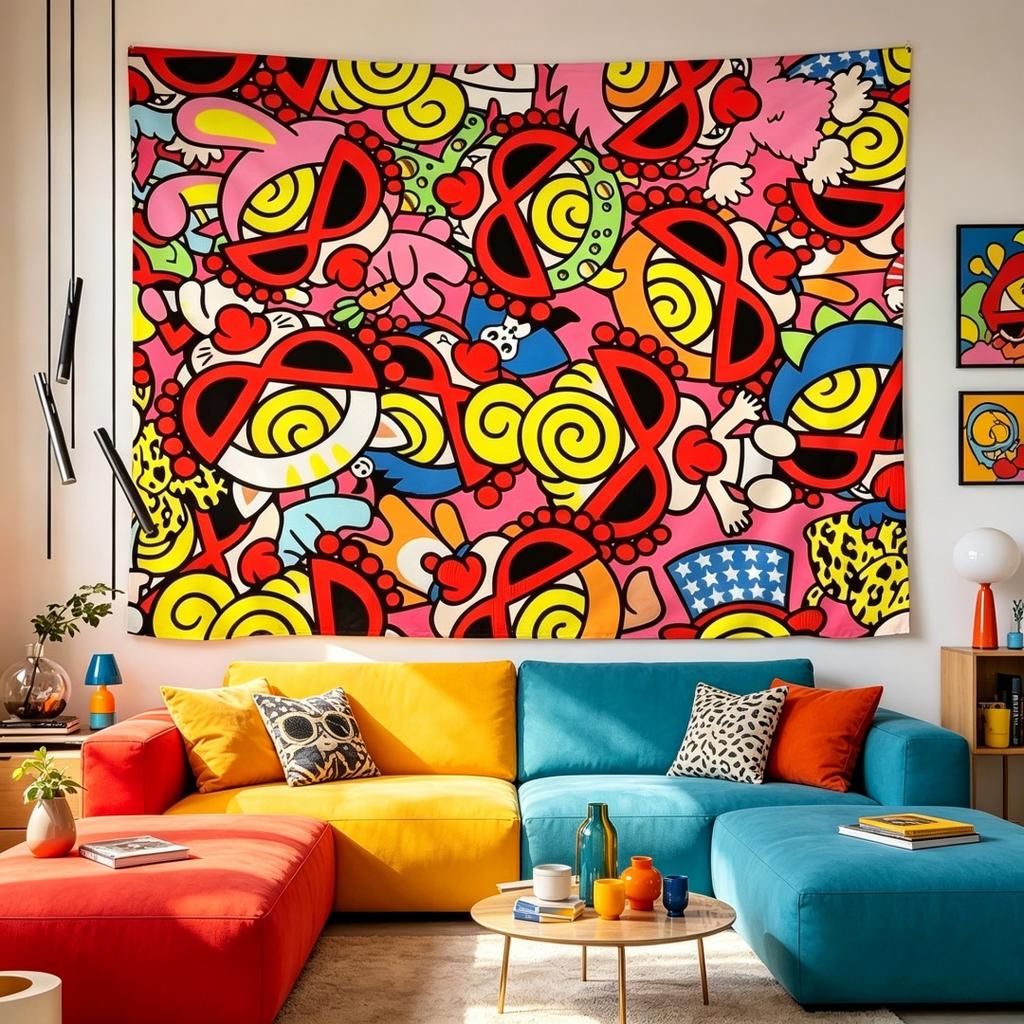 1 Pc Hyper Colorful Cartoon Tapestry Hysteric Mini Style Wall Hang Backdrop Cloth For Living Room Bedroom Bold Streetwear Decor
