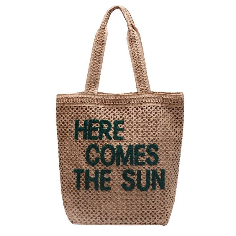 

Large capacity hollow woven bag women s bag spring new letter contrasting color straw bag girl sweet handbag хакі