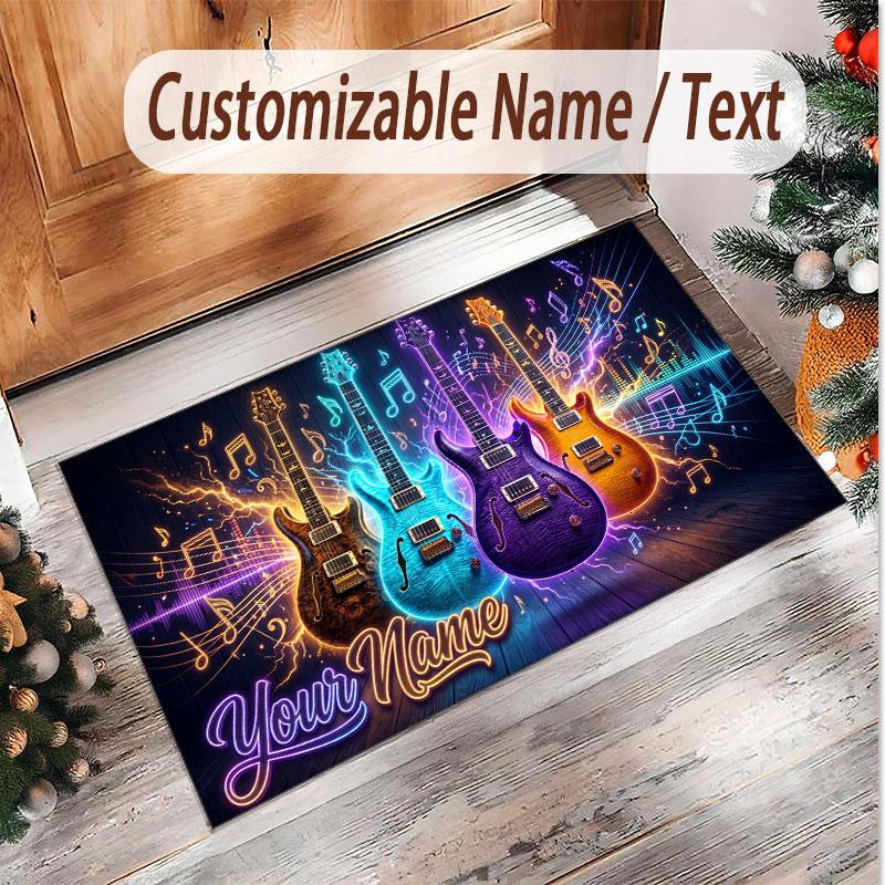 Music Guitar Theme Soft Crystal Velvet Rug Custom Name & Text Print Non Slip Floor Rug for Bedroom Living Room