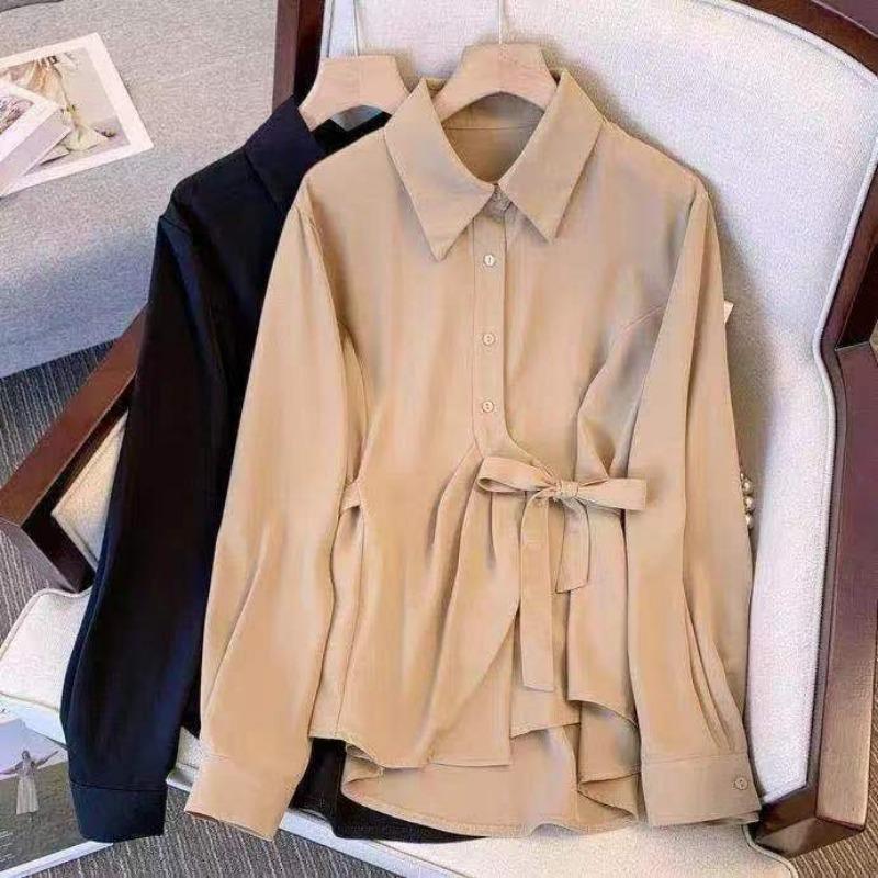 Bowknot Lace-up Women's Shirt All Season Solid Color Bright Thread Decorated Tops Temperament Turn Down Collar Clothes