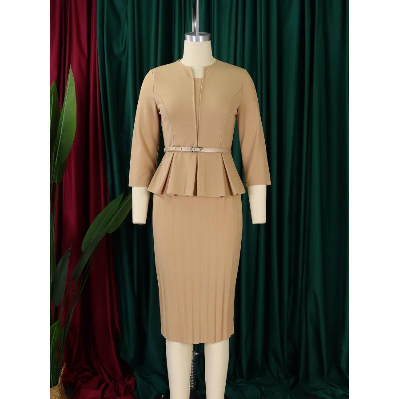 Women V Neck High Waist Solid Pencil Midi Office Commuting Dress