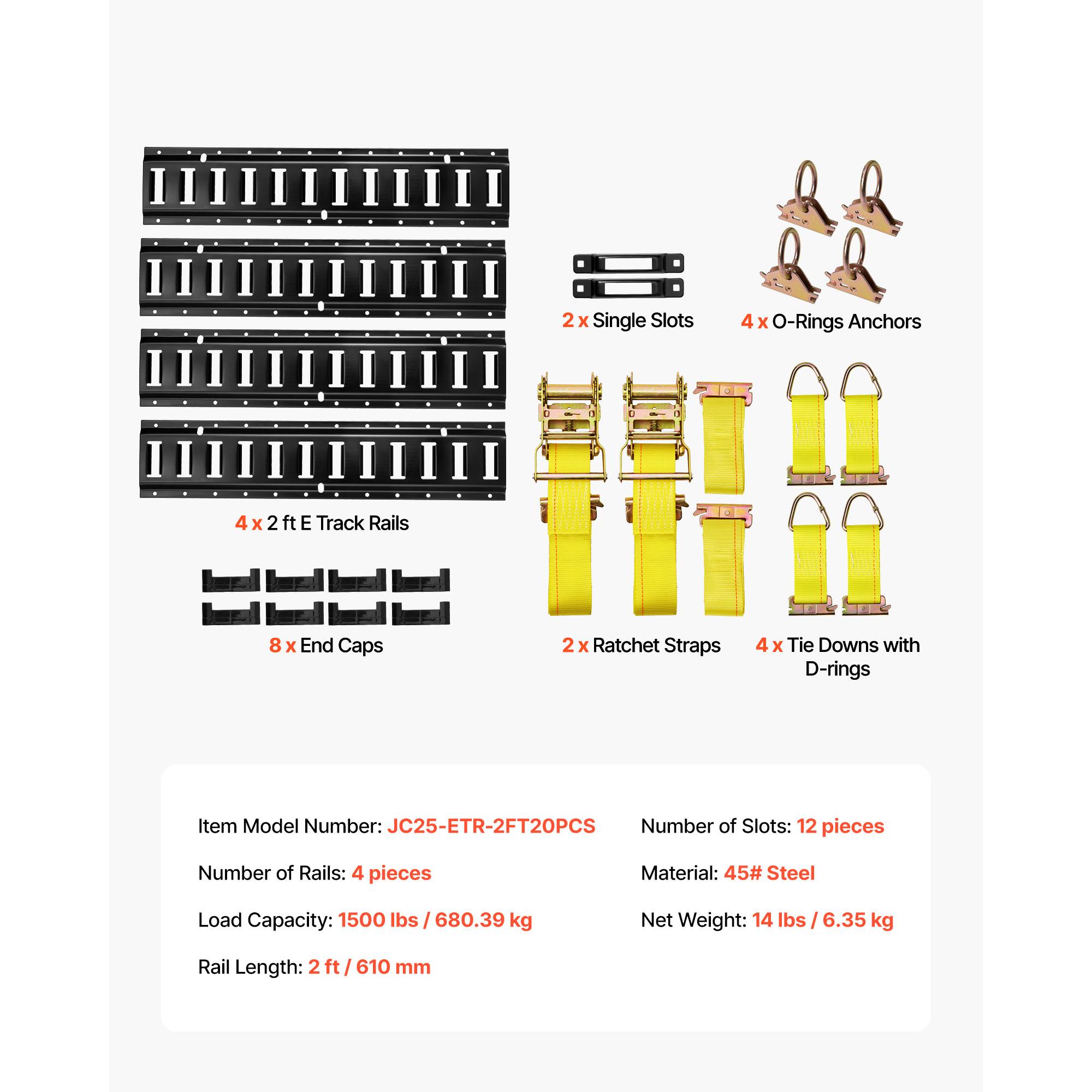 

SucceBuy 4 Pack 2 ft E-Track Tie-Down Rail Kit 20 Pcs Includes Ratchet Straps & Tie-Offs & Single Slots & End Caps for Garages