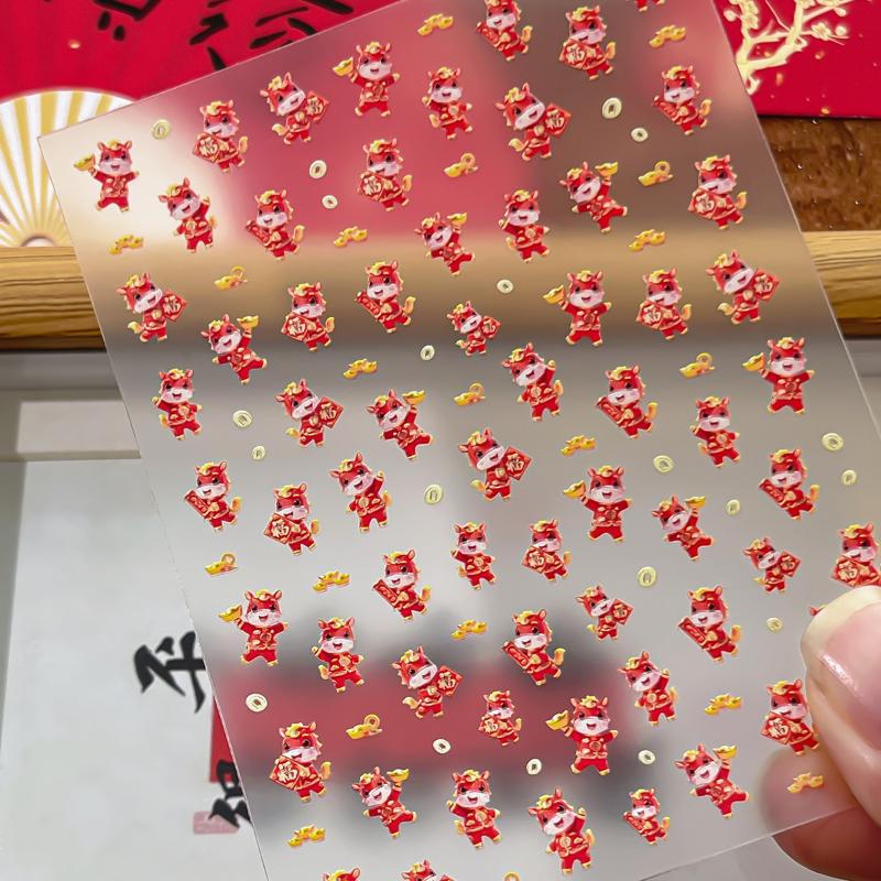 Cute Horse Bowknot Pony Nail Art Sticker Cartoon Lion Dance Manicure Decal New Year DIY Nail Art Decoration